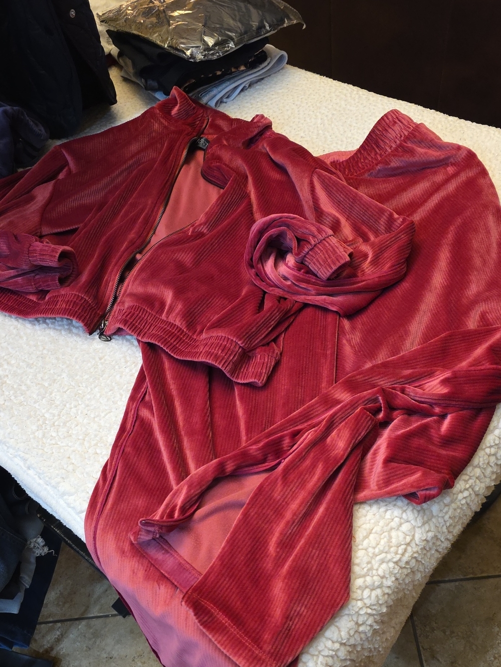 Velvet Ribbed Zip-Front Jacket in Deep Rose And Matching Pants